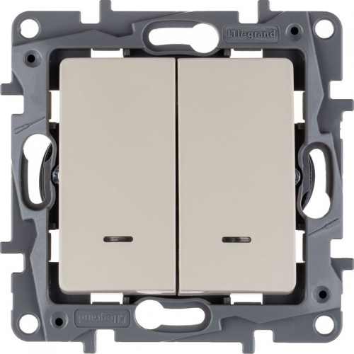 Выключатель 2-кл. СП Etika 10А IP20 250В 10AX с подсветкой/индикацией безвинт. зажимы механизм сл. кость Leg 672304 672304