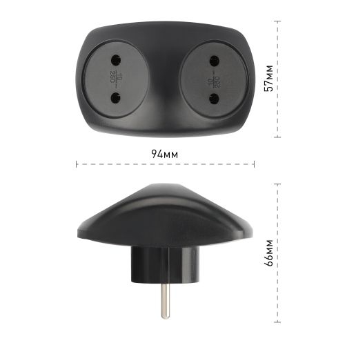 Разветвитель электрический SPx-2-B на 2 розетки без заземл. 10А черн. Эра Б0059720 Б0059720