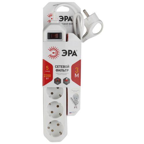 Удлинитель с сетевым фильтром 5х3м с заземл. 10А IP20 USF-5es-3m-W ПВС 3х0.75 с выкл. бел. Эра Б0019033 Б0019033