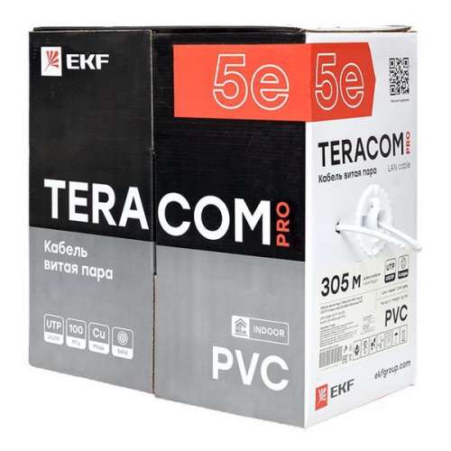 Кабель витая пара U/UTP кат.5e 4 пары solid 24AWG PVC сер. TERACOM PRO PRO EKF TRP-5EUTP-04PVC-GY-IN3 TRP-5EUTP-04PVC-GY-IN3
