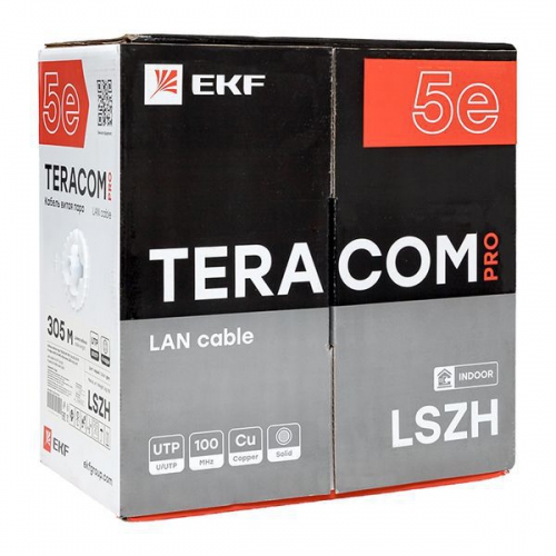 Кабель витая пара U/UTP кат.5e 4 пары solid 24AWG LSZH нг(А)-HF сер. TERACOM PRO EKF TRP-5EUTP-04LSH-GY-IN3 TRP-5EUTP-04LSH-GY-IN3
