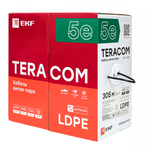 Кабель витая пара U/UTP кат.5e 4 пары solid внешний оболочка LDPE черн. TERACOM EKF TRC-5EUTP-04PE-BK-OUT3 TRC-5EUTP-04PE-BK-OUT3