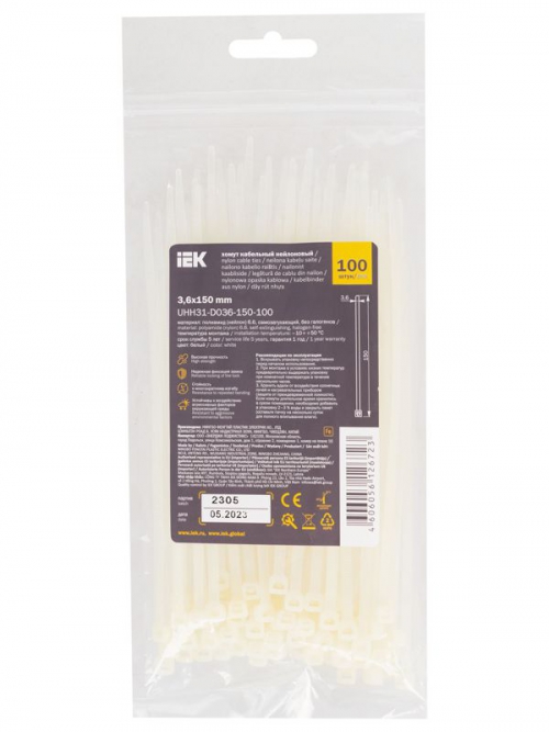 Хомут кабельный 3.6х150 нейл. бел. (уп.100шт) ИЭК UHH31-D036-150-100 UHH31-D036-150-100