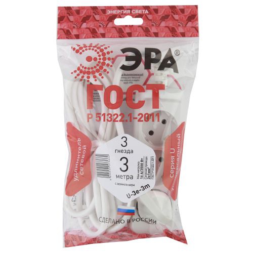 Удлинитель 3х3м с заземл. 16А IP20 U-3e-3m-3х1 ПВС 3х1 Эра Б0028370 Б0028370