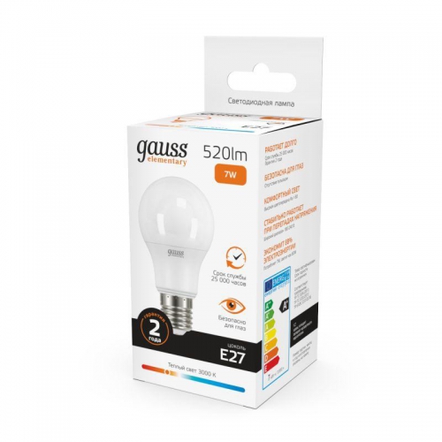 Лампа светодиодная Elementary 7Вт A60 грушевидная 3000К тепл. бел. E27 520лм GAUSS 23217A 23217A