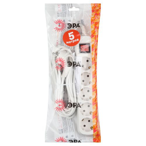 Удлинитель 5х5м с заземл. 10А IP20 UX-5es-5m ПВС 3х0.75 с выкл. Эра Б0035758 Б0035758