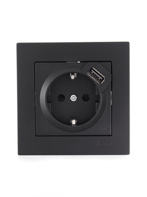 Розетка 1-м СП Vesna с заземл. с заряд. устройством USB механизм черн. бархат LEZARD 742-4288-181 742-4288-181