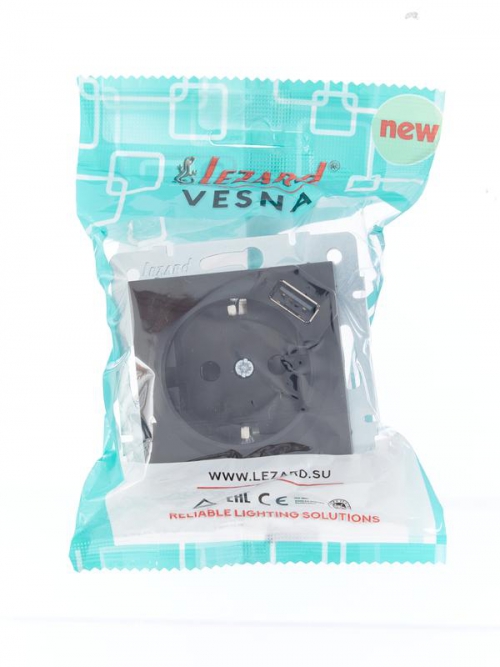 Розетка 1-м СП Vesna с заземл. с заряд. устройством USB механизм черн. бархат LEZARD 742-4288-181 742-4288-181