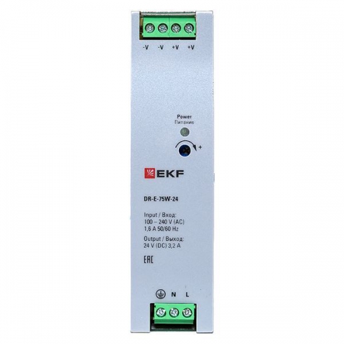Блок питания на дин рейку 75Вт Uвх 220В AC Uвых 24В DC постоянного тока EKF DR-E-75W-24 DR-E-75W-24
