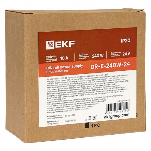 Блок питания на DIN-рейку 240Вт Uвх ~ 220В AC Uвых - 24В DC постоянного тока EKF DR-E-240W-24 DR-E-240W-24
