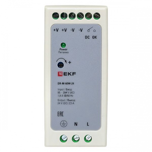 Блок питания на DIN-рейку 60Вт 220В AC/24В DC постоянного тока EKF DR-M-60W-24 DR-M-60W-24