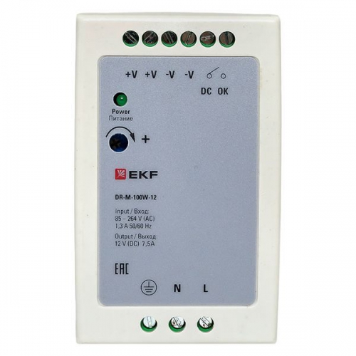 Блок питания на DIN-рейку 100Вт Uвх ~ 220В AC m Uвых - 12В DC постоянного тока EKF DR-M-100W-12 DR-M-100W-12