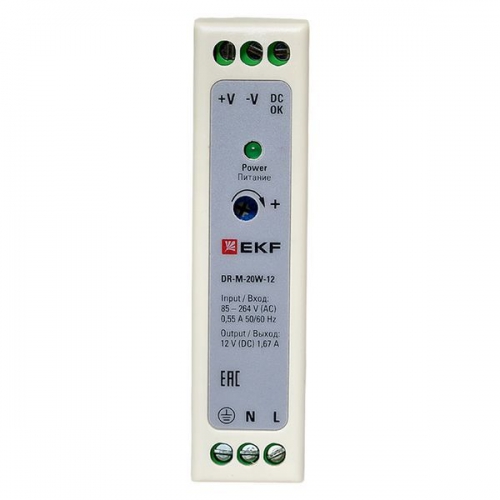 Блок питания на DIN-рейку 20Вт Uвх ~ 220В AC m Uвых - 12В DC постоянного тока EKF DR-M-20W-12 DR-M-20W-12