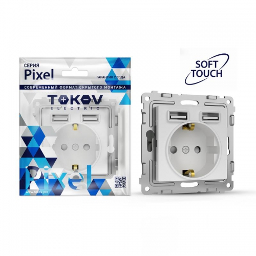 Розетка 1-м СП Pixel IP20 с заземл. с 2-мя заряд. устр. USB тип A+A механизм айс TOKOV ELECTRIC TKE-PX-R1U2A-C34 TKE-PX-R1U2A-C34
