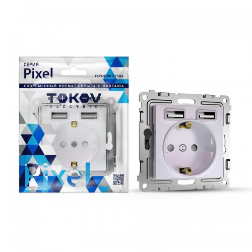 Розетка 1-м СП Pixel IP20 с заземл. с 2-мя заряд. устр. USB тип A+A механизм перламутр. TOKOV ELECTRIC TKE-PX-R1U2A-C04 TKE-PX-R1U2A-C04