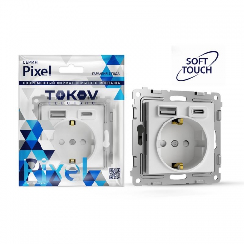 Розетка 1-м СП Pixel IP20 с заземл. с 2-мя заряд. устр. USB тип A+C механизм айс TOKOV ELECTRIC TKE-PX-R1U2AC-C34 TKE-PX-R1U2AC-C34