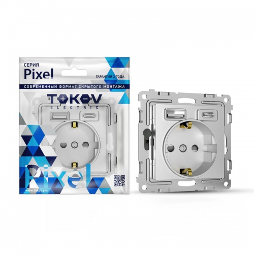 Розетка 1-м СП Pixel IP20 с заземл. с 2-мя заряд. устр. USB тип A+C механизм алюм. TOKOV ELECTRIC TKE-PX-R1U2AC-C03 TKE-PX-R1U2AC-C03