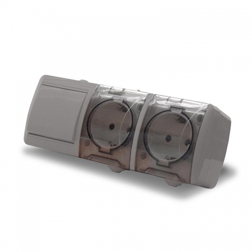 Блок ОП Клио 1-кл. выкл. 10А + розетка 2-м 16А 250В с заземл. с прозр. крышкой сер. Universal К2238-Gr К2238-Gr