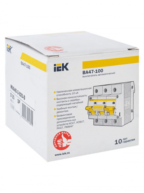 Выключатель автоматический модульный 3п D 25А 10кА ВА47-100 KARAT IEK MVA40-3-025-D MVA40-3-025-D