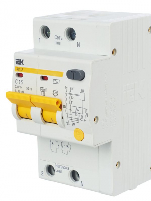 Выключатель автоматический дифференциального тока 2п C 16А 10мА тип AC 4.5кА АД-12 KARAT IEK MAD10-2-016-C-010 MAD10-2-016-C-010