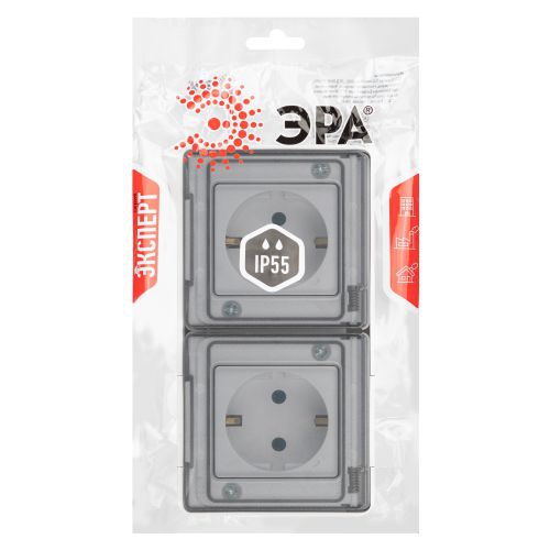 Розетка Эксперт 11-2503-01 2х2P+E гориз. IP55 16А-250В ОУ бел. Эра Б0063264 Б0063264