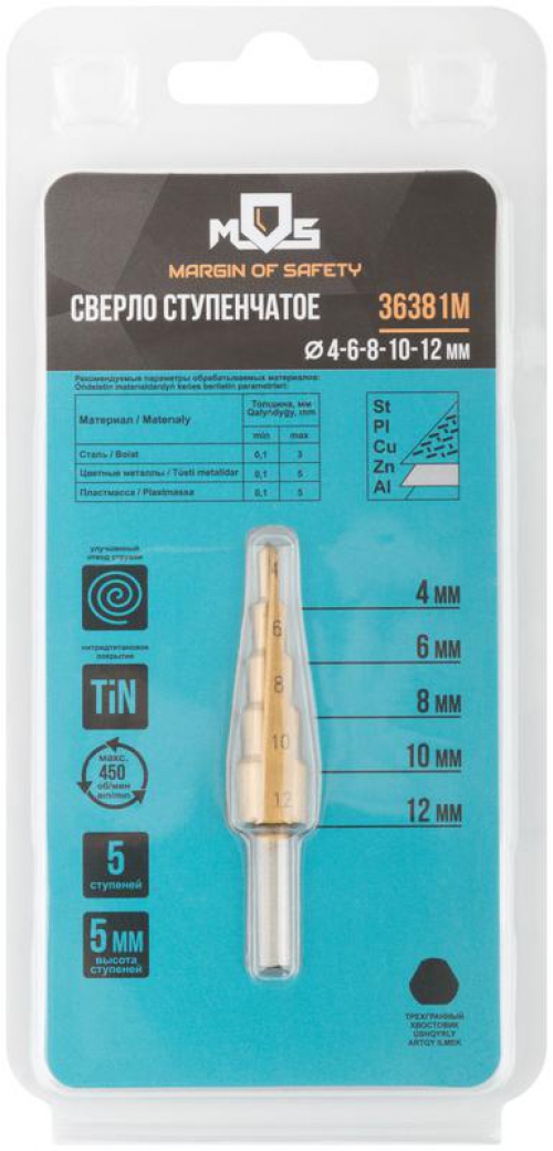 Сверло ступенчатое HSS по металлу 5 ступеней 4-12мм MOS 36381М 36381М