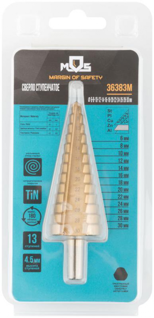 Сверло ступенчатое HSS по металлу 13 ступеней 6-30мм MOS 36383М 36383М