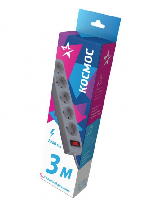 Удлинитель с сетевым фильтром 5х3м с заземл. 10А IP20 2.2кВт ПВС 3х0.75 с выкл. с индикатором сети сер. КОСМОС FKsm3m-5g(G) FKsm3m-5g(G)