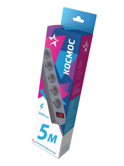 Удлинитель с сетевым фильтром 5х5м с заземл. 10А IP20 2.2кВт ПВС 3х0.75 с выкл. с индикатором сети сер. КОСМОС FKsm5m-5g(G) FKsm5m-5g(G)