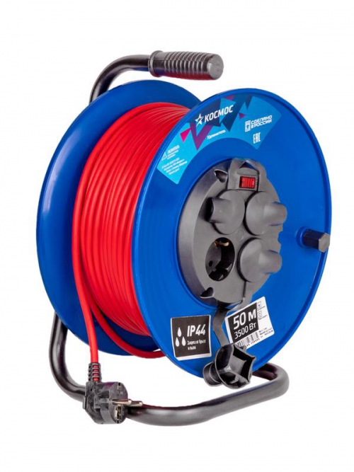 Удлинитель на катушке 4х50м с заземл. 16А IP44 3.5кВт ПВС 3х1 с терморазмыкателем КОСМОС YKKsm50m-4g-Z(16A)IP YKKsm50m-4g-Z(16A)IP