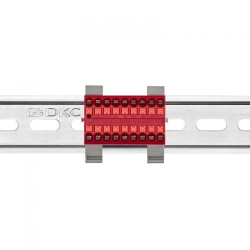 Блок распределительный с горизонт. адаптером на рейку шир. 35мм зажим push-in 18 точек подключения 2.5кв.мм красн. DKC DTP1-018-04SPUR-H DTP1-018-04SPUR-H