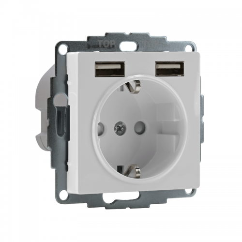 Розетка 1-м СП AtlasDesign 16А IP20 с 2-мя заряд. устройствами USB тип A+A 5В/2.4А 2х5В/1.2А механизм бел. SE ATN000130 ATN000130
