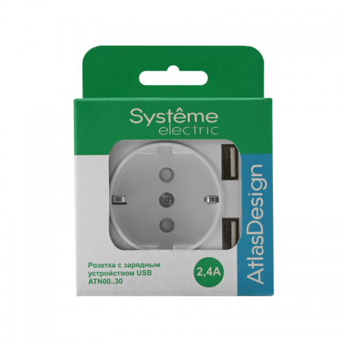 Розетка 1-м СП AtlasDesign 16А IP20 с 2-мя заряд. устройствами USB тип A+A 5В/2.4А 2х5В/1.2А механизм бел. SE ATN000130 ATN000130