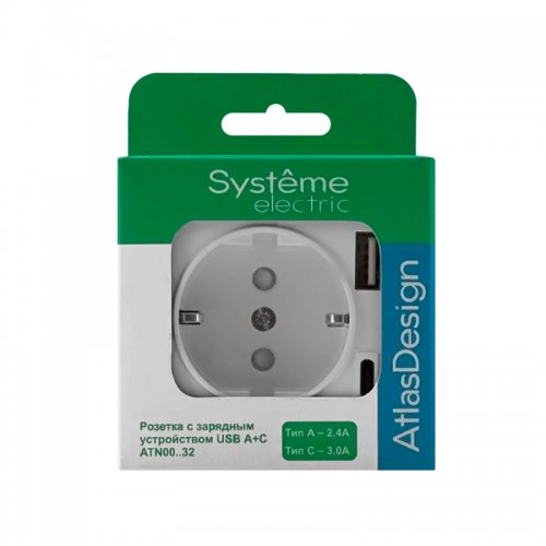 Розетка AtlasDesign 16А с 2-мя заряд. устройствами USB тип A+C 5В/2.4А 2х5В/1.2А механизм бел. SchE ATN000132 ATN000132