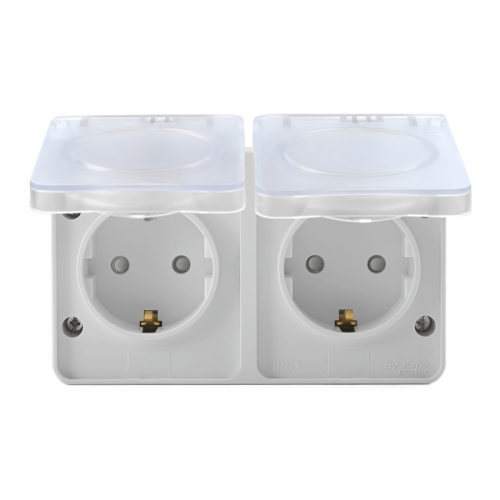 Розетка 2-м ОП AtlasDesign Profi54 16А IP54 250В с заземл. защ. шторки бел. SE ATN540126 ATN540126