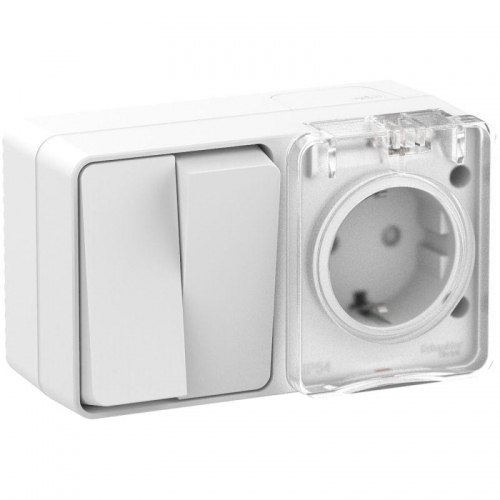 Блок ОП AtlasDesign Profi54 (розетка 16А 250В с заземл. защ. шторки + 2-кл. выкл. 10А) IP54 бел. SE ATN540174 ATN540174
