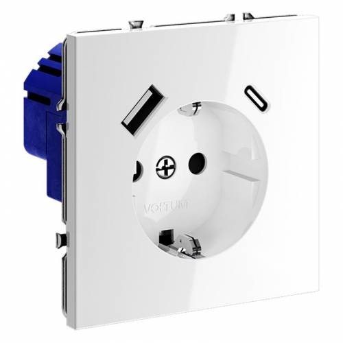 Розетка 1-м СП S70 16А с USB тип A+С механизм с заземл. защ. шторки бел. глянцевый Voltum VLS040501 VLS040501