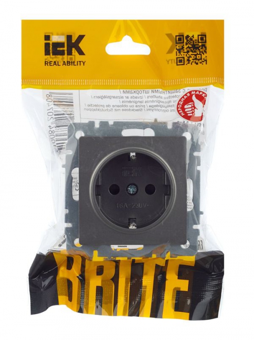 Розетка 1-м СП BRITE РС14-1-0-БрС 16А с заземл. защ. шторки сталь IEK BR-R14-16-K46 BR-R14-16-K46