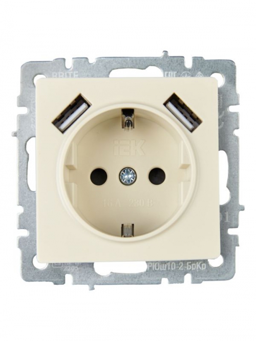 Розетка BRITE РЮш10-2-БрКр 16А с USB A+A 3.1А с заземл. защ. шторки беж. IEK BR-R14-16-U21-D31-K10 BR-R14-16-U21-D31-K10