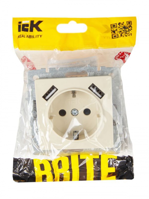 Розетка BRITE РЮш10-2-БрКр 16А с USB A+A 3.1А с заземл. защ. шторки беж. IEK BR-R14-16-U21-D31-K10 BR-R14-16-U21-D31-K10