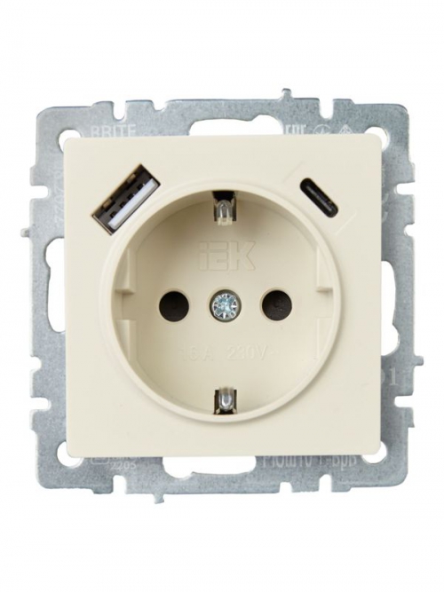 Розетка BRITE РЮш11-1-БрКр 16А с USB A+C 18Вт с заземл. защ. шторки беж. IEK BR-R14-16-U22-018-K10 BR-R14-16-U22-018-K10