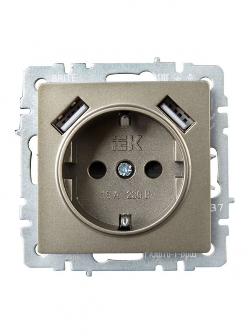 Розетка BRITE РЮш10-1-БрШ 16А с USB A+A 2.1А с заземл. защ. шторки шампань IEK BR-R14-16-U21-D21-K37 BR-R14-16-U21-D21-K37
