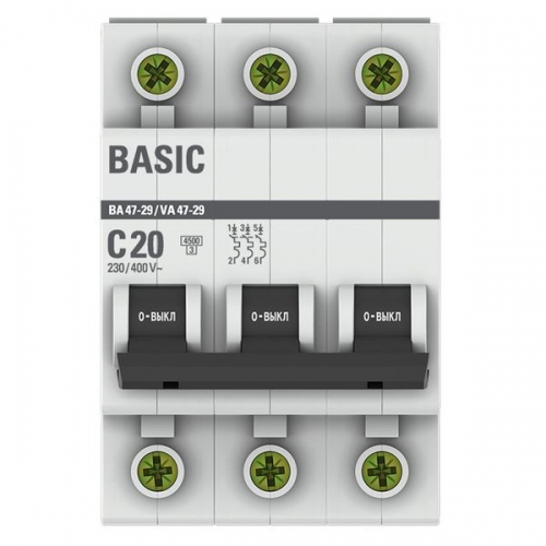 Выключатель автоматический модульный 3п C 20А 4.5кА ВА 47-29 Basic EKF mcb4729-3-20C mcb4729-3-20C