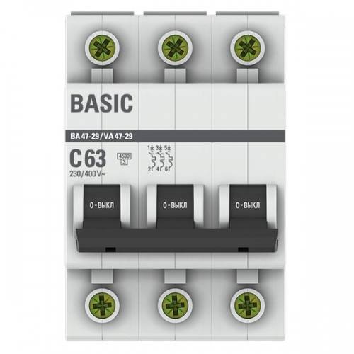 Выключатель автоматический модульный 3п C 63А 4.5кА ВА 47-29 Basic EKF mcb4729-3-63C mcb4729-3-63C