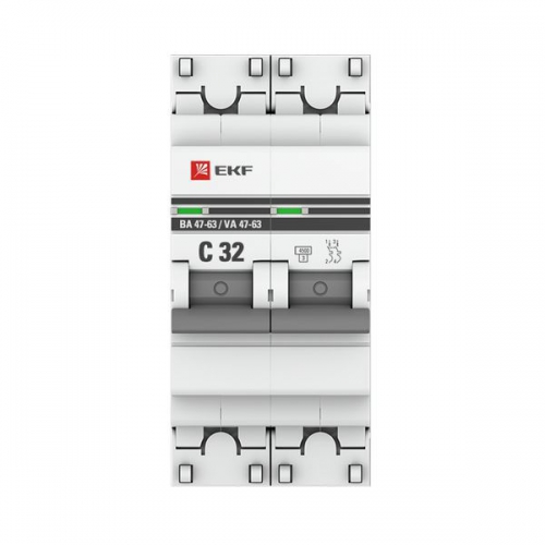 Выключатель авт. мод. 2п C 32А ВА 47-63 4.5кА PROxima EKF mcb4763-2-32C-pro mcb4763-2-32C-pro