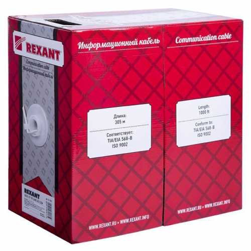 Кабель витая пара U/UTP кат.5e 1х2х24AWG solid CU PVC сер. 305м (м) Rexant 01-0002 01-0002