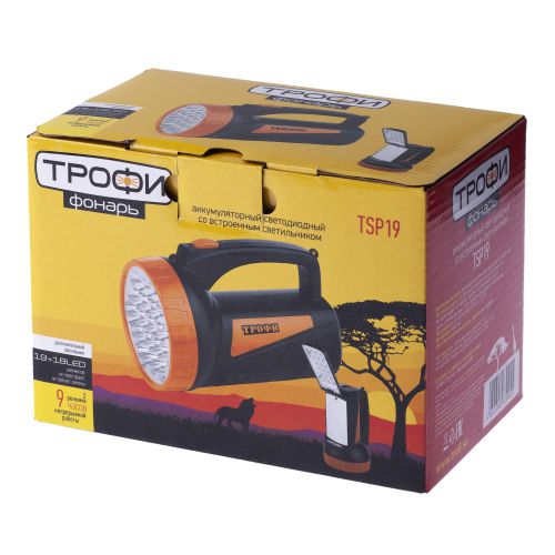 Фонарь-прожектор аккумуляторный TSP19 19 + 18LED аккум. 4В 2А.ч ЗУ 220В (картон. упак.) Трофи C0045552/Б0008436 C0045552