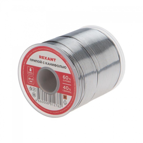 Припой с канифолью 1000гр. d1.0 мм (Sn60 Pb40 Fluх 2.2%) Rexant 09-3413 552857
