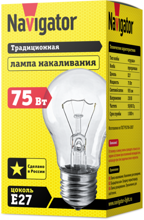 Лампа накаливания 94 301 NI-A-75-230-E27-CL Navigator 94301 94301