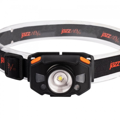 Фонарь аккумуляторный налобный AccuH1-L5WZ-og zoom LED 5Вт + 2хRED SMD IP54 5 режимов: 100проц. 180лм 3.5ч/50проц. 110лм 5.5ч/30проц. 65лм 15ч/красн. 28ч/мигающ. красн. 12ч аккум. 0.8А.ч управл. жестами черн./оранж. JazzWay 5036611 5036611